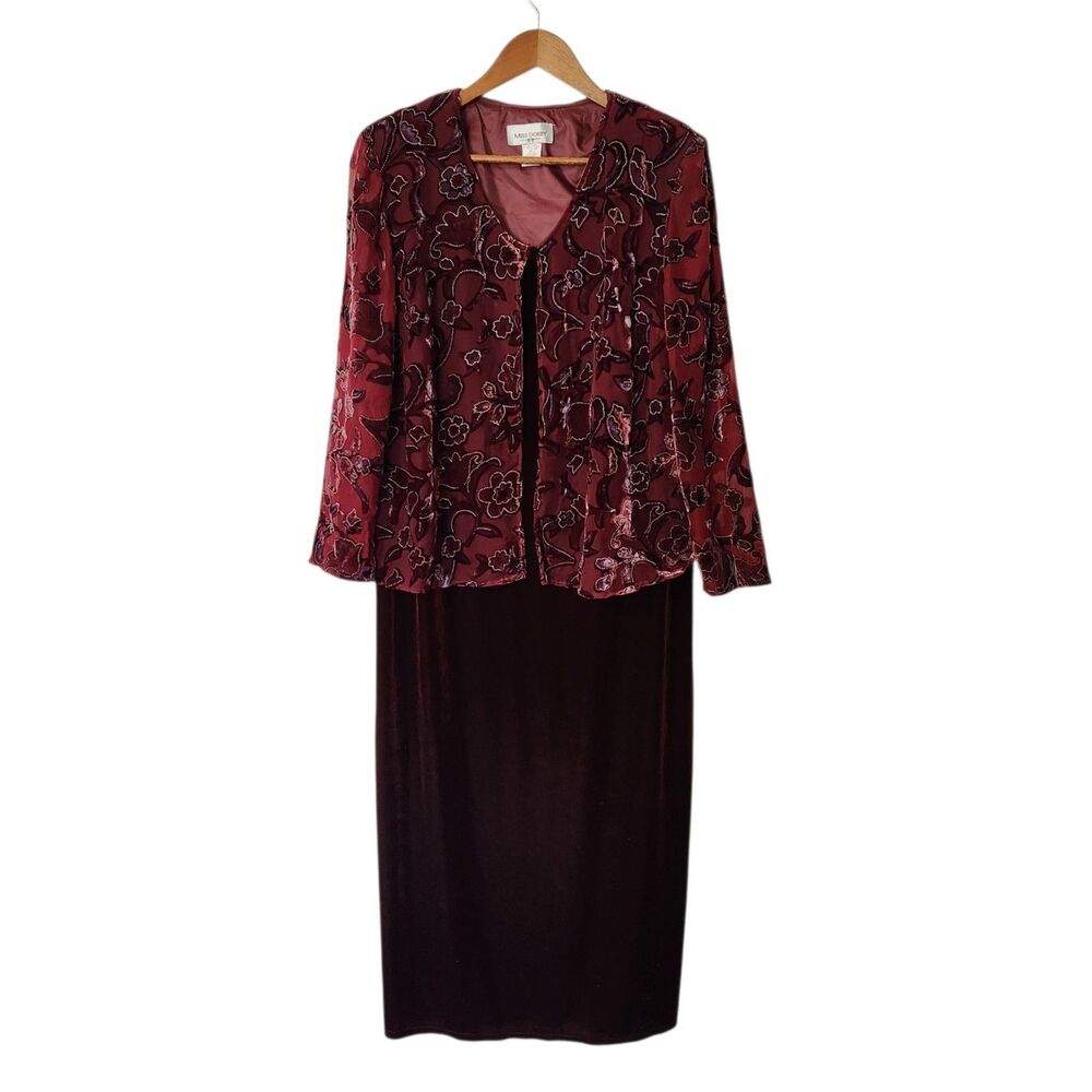 Vtg Miss Dorby Womens 16 Burgundy Velvet Floral Burnout Mock Jacket Maxi Dress